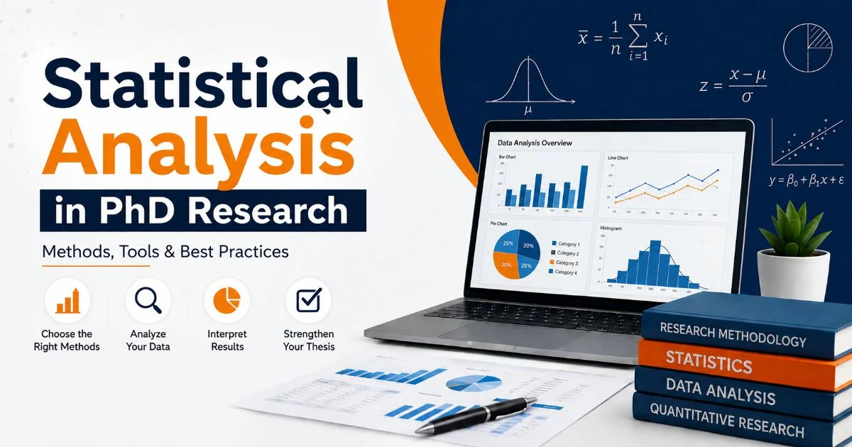 Statistical analysis in PhD research showing methods, tools and charts